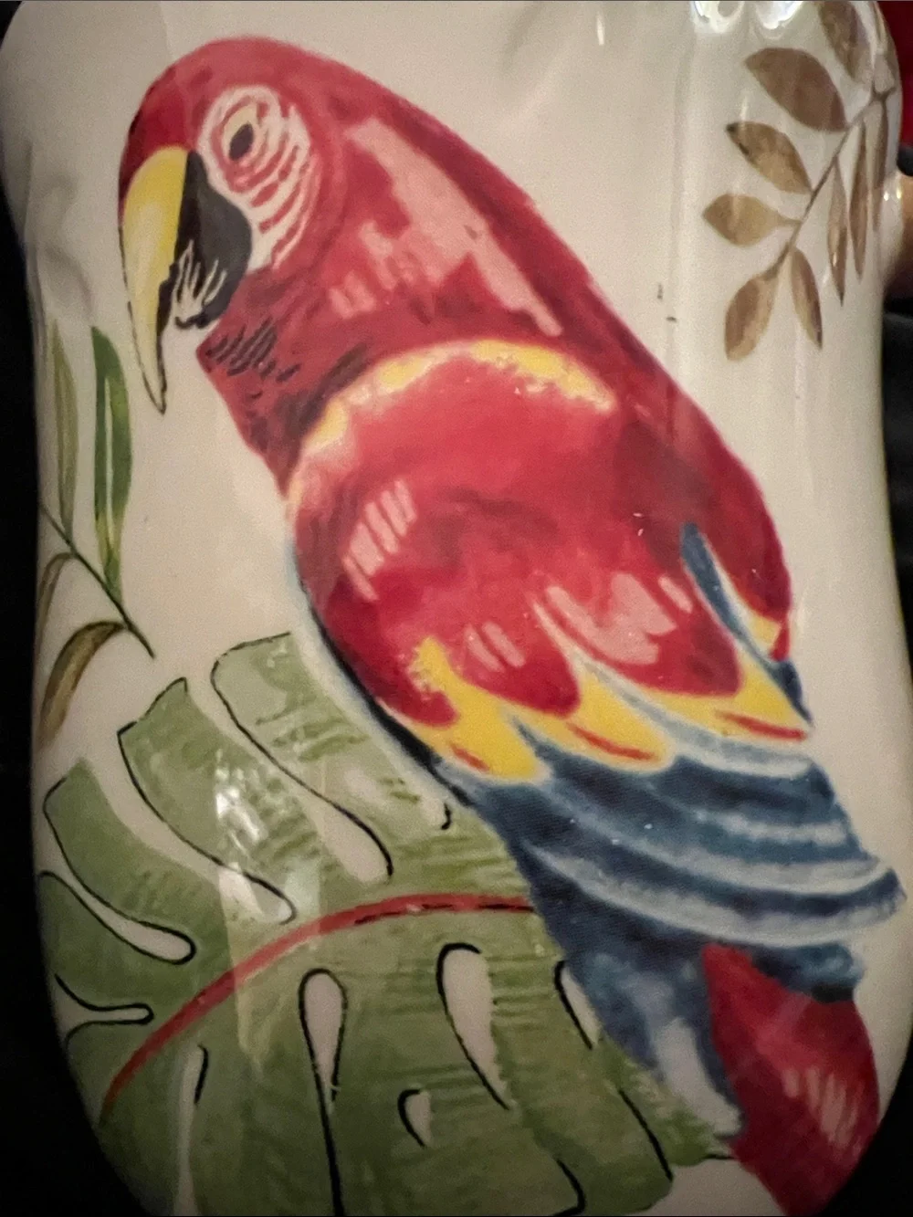 Pier 1 Vintage Red Parrot White Mug Cup Bamboo Handle 14oz